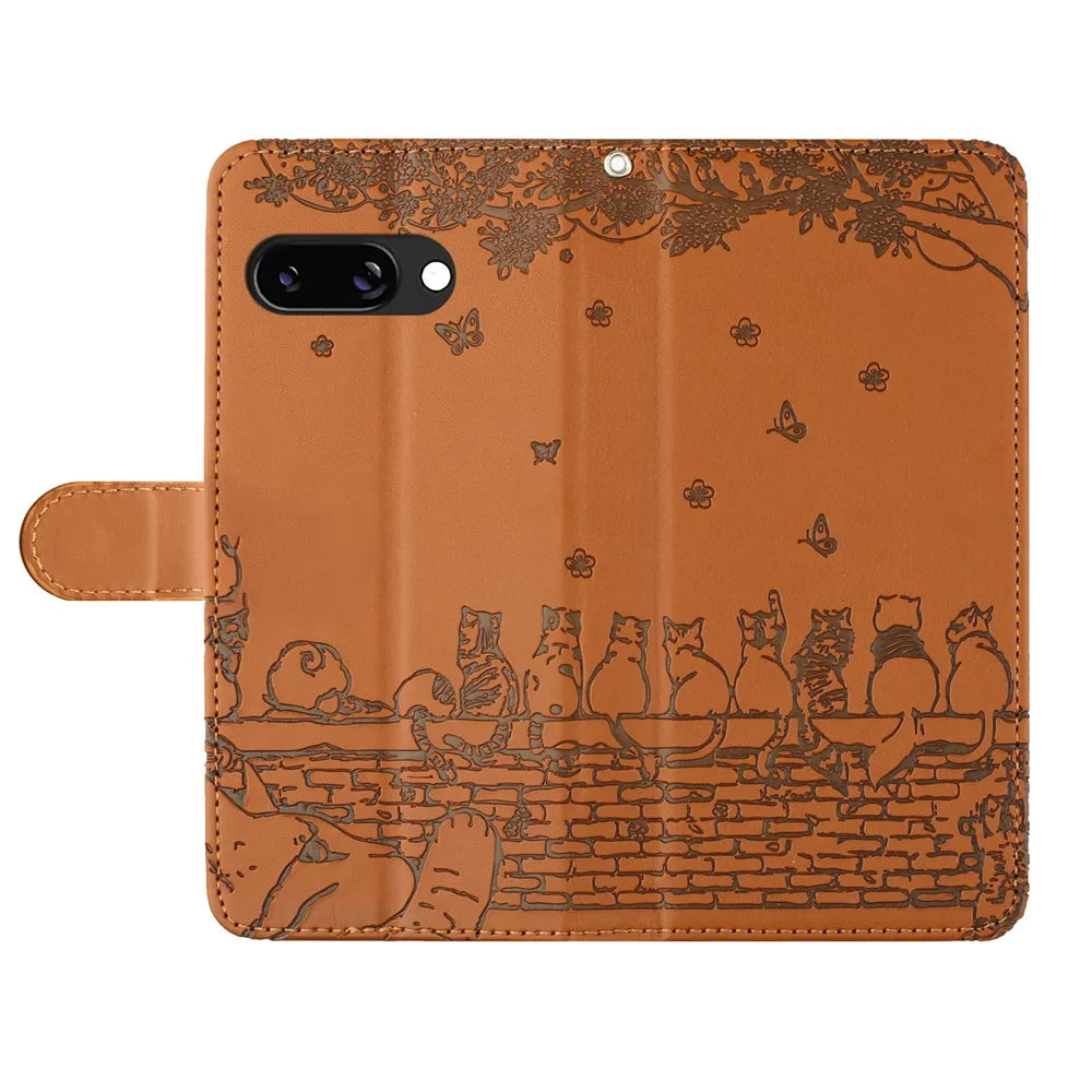 For Google Pixel 9a Case with Wrist Strap Leather Phone Cover Wall Cats Pattern - Brown - 4