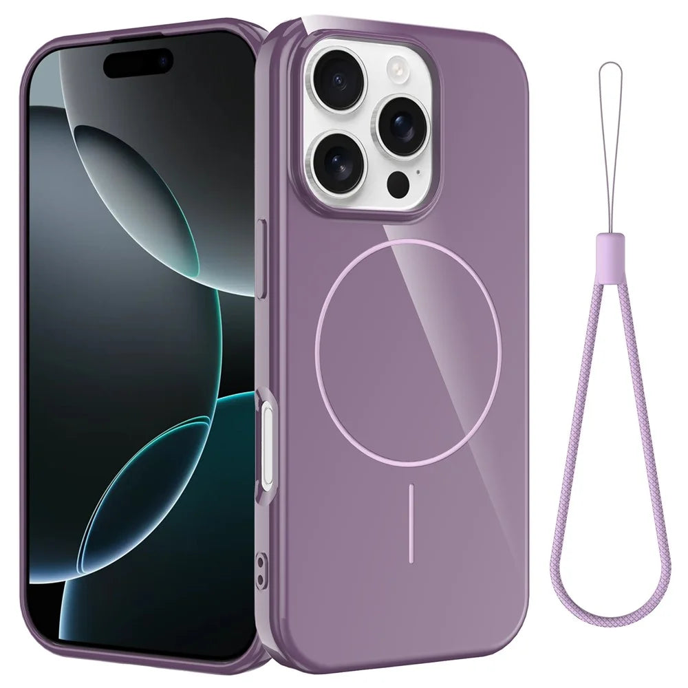 For iPhone 16 Pro Magnetic Case Compatible with MagSafe TPU Phone Back Cover with Lanyard - Purple - 1