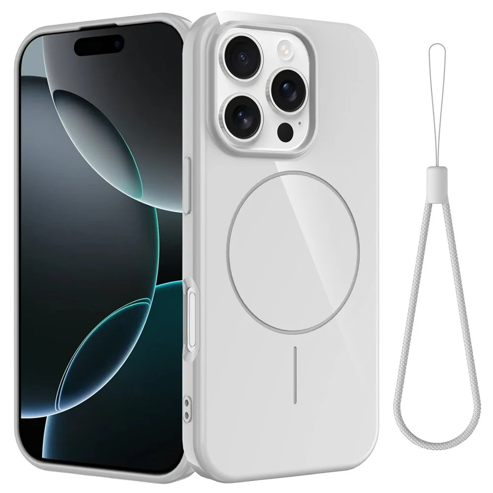 For iPhone 16 Pro Max Magnetic Case Compatible with MagSafe TPU Phone Back Cover with Lanyard - White - 1