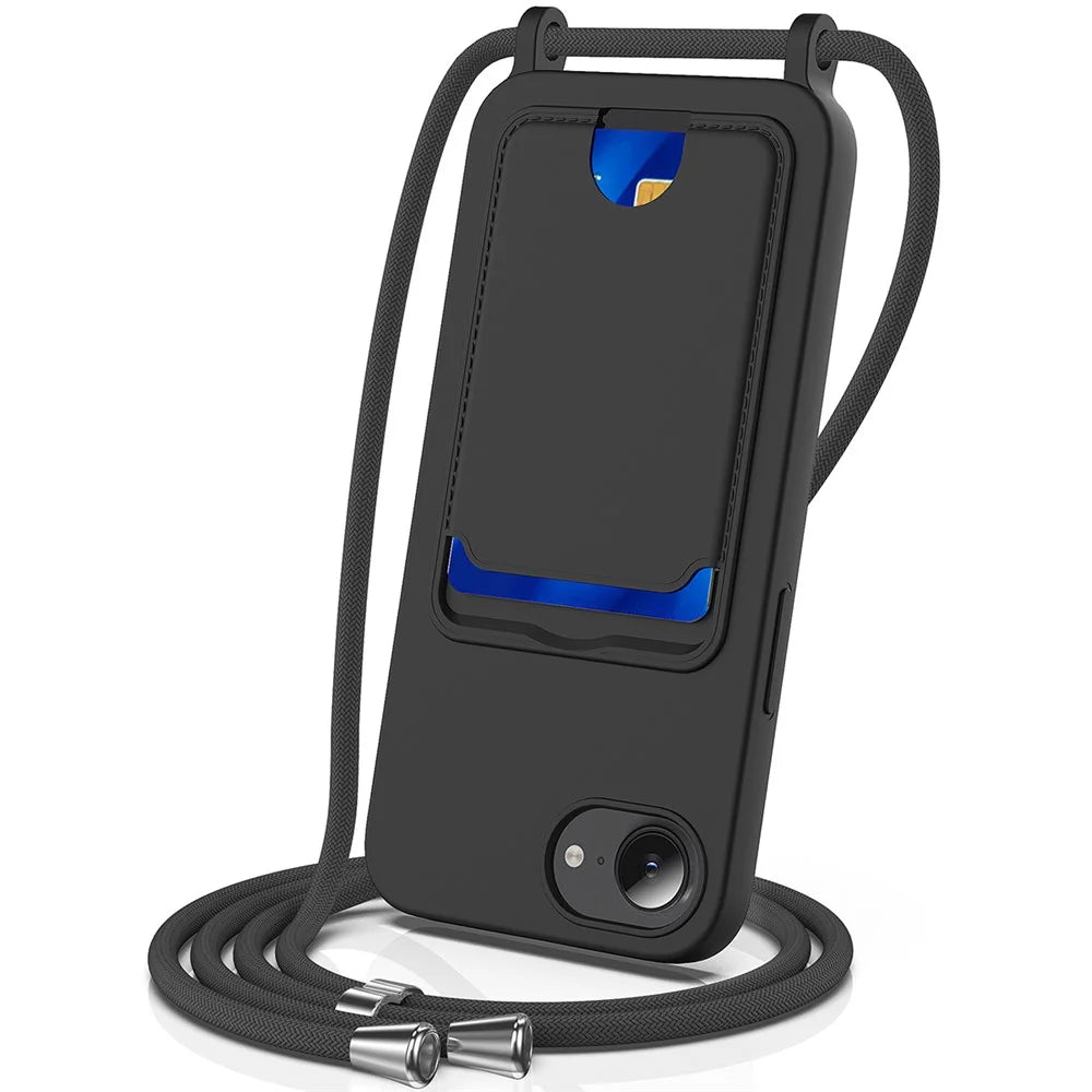 For iPhone 17e / 16e Case Liquid Silicone Card Holder Back Phone Cover with Lanyard - Black - 1