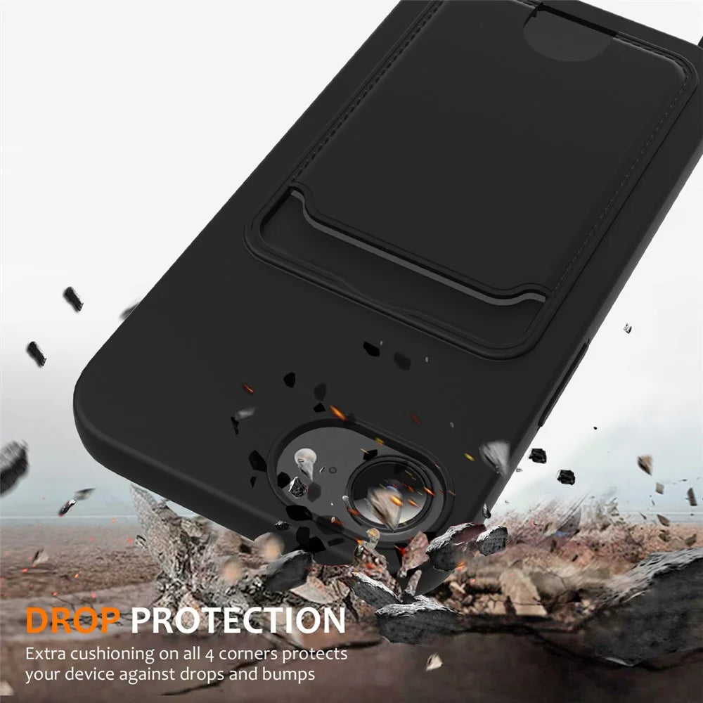 For iPhone 17e / 16e Case Liquid Silicone Card Holder Back Phone Cover with Lanyard - Black - 2