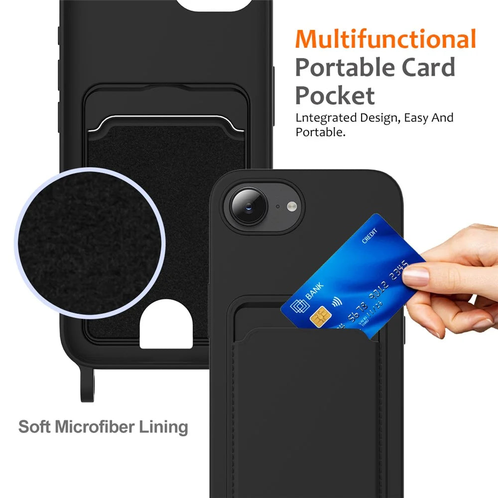 For iPhone 17e / 16e Case Liquid Silicone Card Holder Back Phone Cover with Lanyard - Black - 4