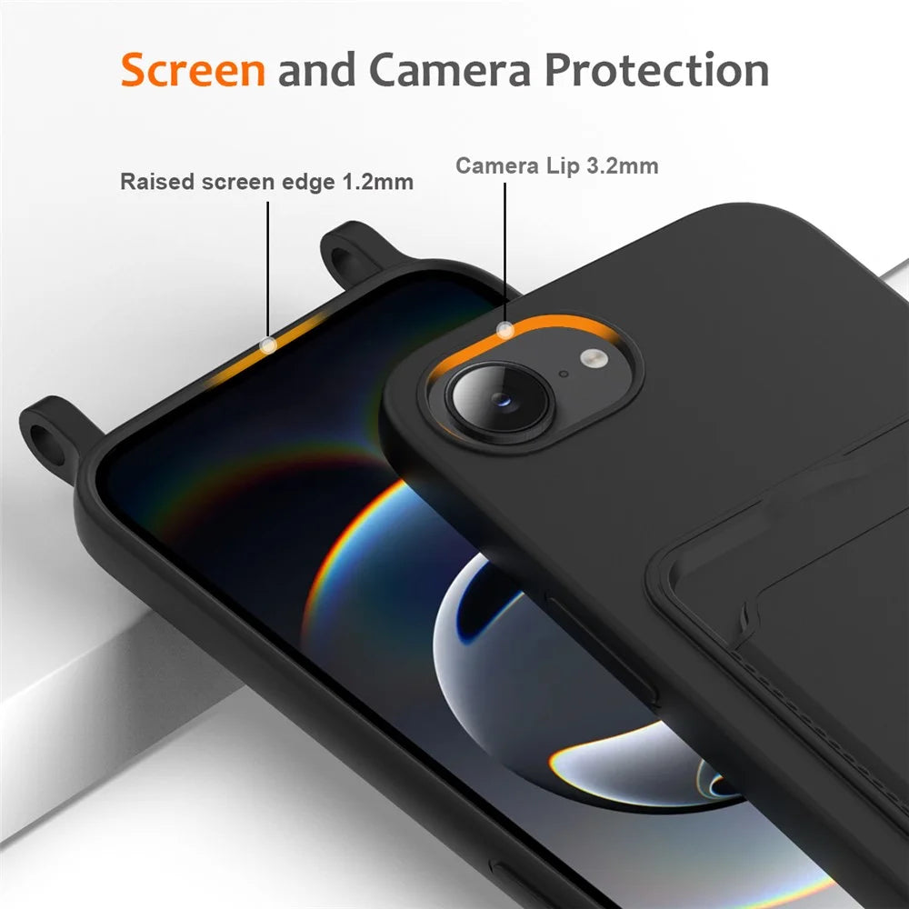 For iPhone 17e / 16e Case Liquid Silicone Card Holder Back Phone Cover with Lanyard - Black - 5