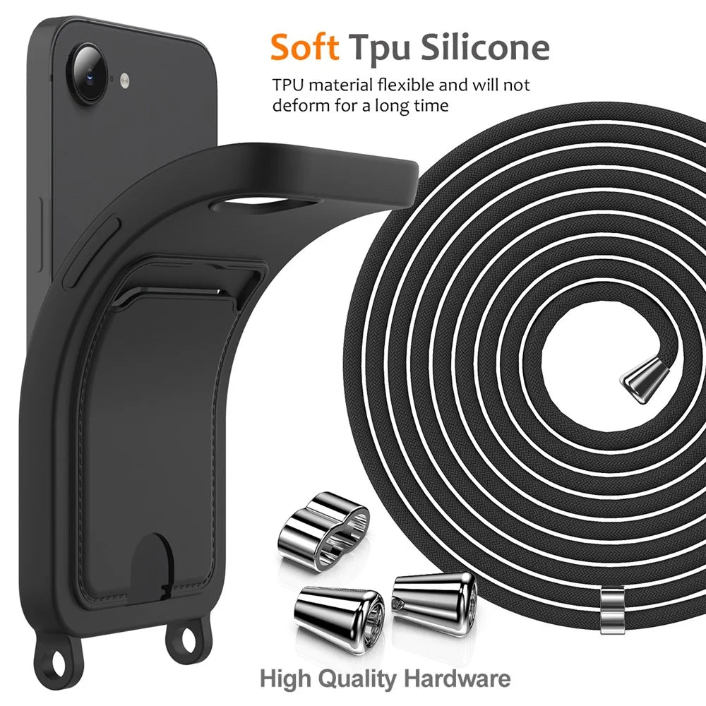 For iPhone 17e / 16e Case Liquid Silicone Card Holder Back Phone Cover with Lanyard - Black - 7