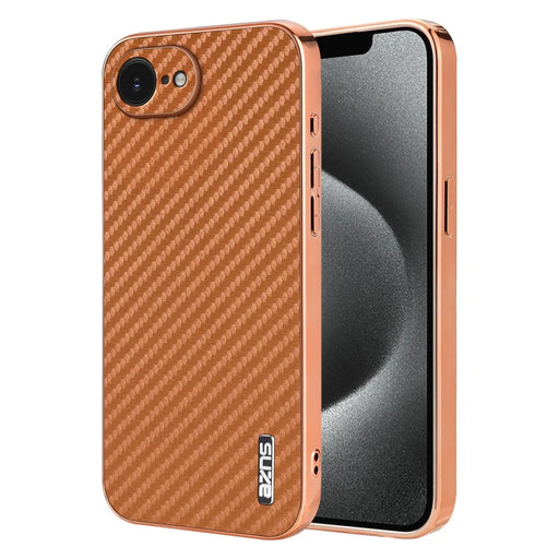 AZNS For iPhone 17e / 16e Case Electroplating Carbon Fiber Texture PU + TPU Phone Cover - Brown - 1
