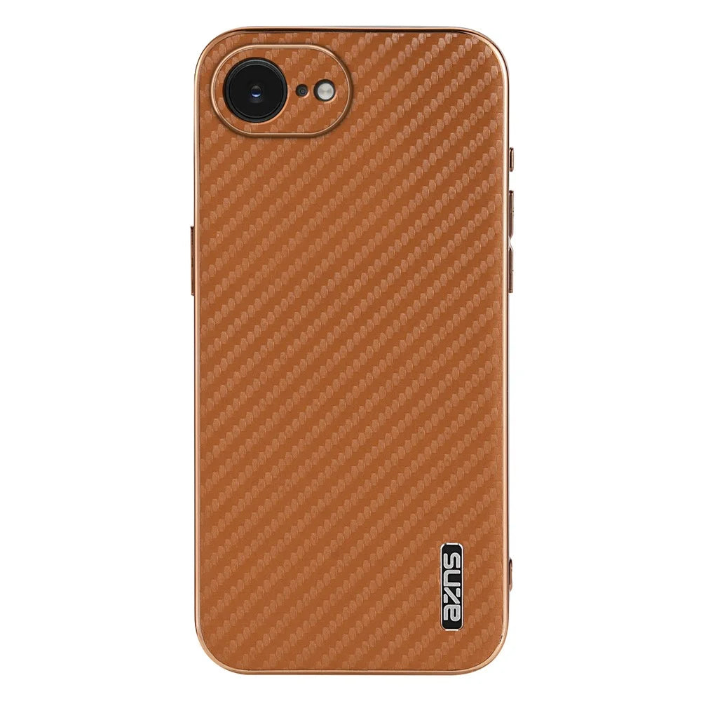 AZNS For iPhone 17e / 16e Case Electroplating Carbon Fiber Texture PU + TPU Phone Cover - Brown - 2