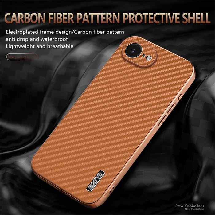 AZNS For iPhone 17e / 16e Case Electroplating Carbon Fiber Texture PU + TPU Phone Cover - Brown - 3