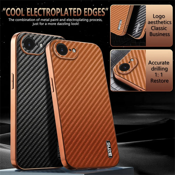 AZNS For iPhone 17e / 16e Case Electroplating Carbon Fiber Texture PU + TPU Phone Cover - Brown - 4