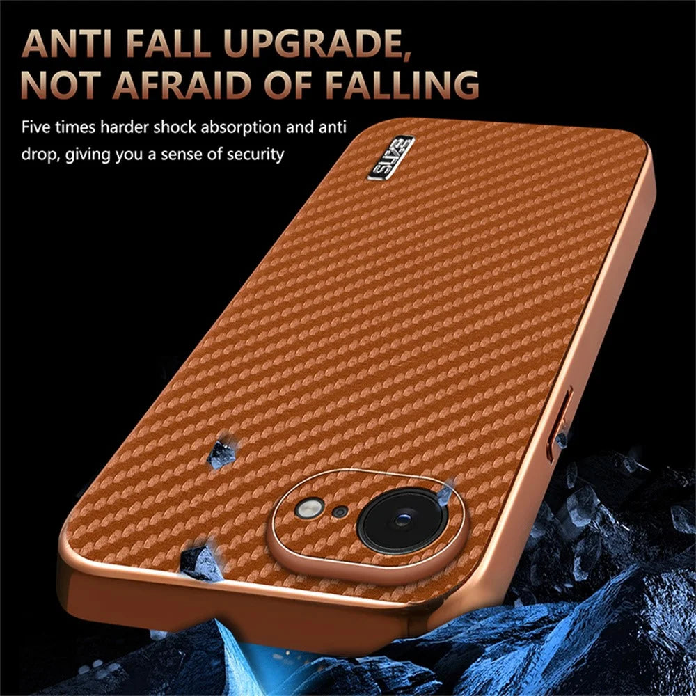 AZNS For iPhone 17e / 16e Case Electroplating Carbon Fiber Texture PU + TPU Phone Cover - Brown - 5
