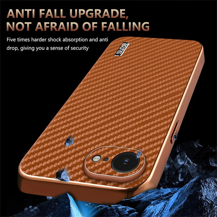 AZNS For iPhone 17e / 16e Case Electroplating Carbon Fiber Texture PU + TPU Phone Cover - Brown - 5