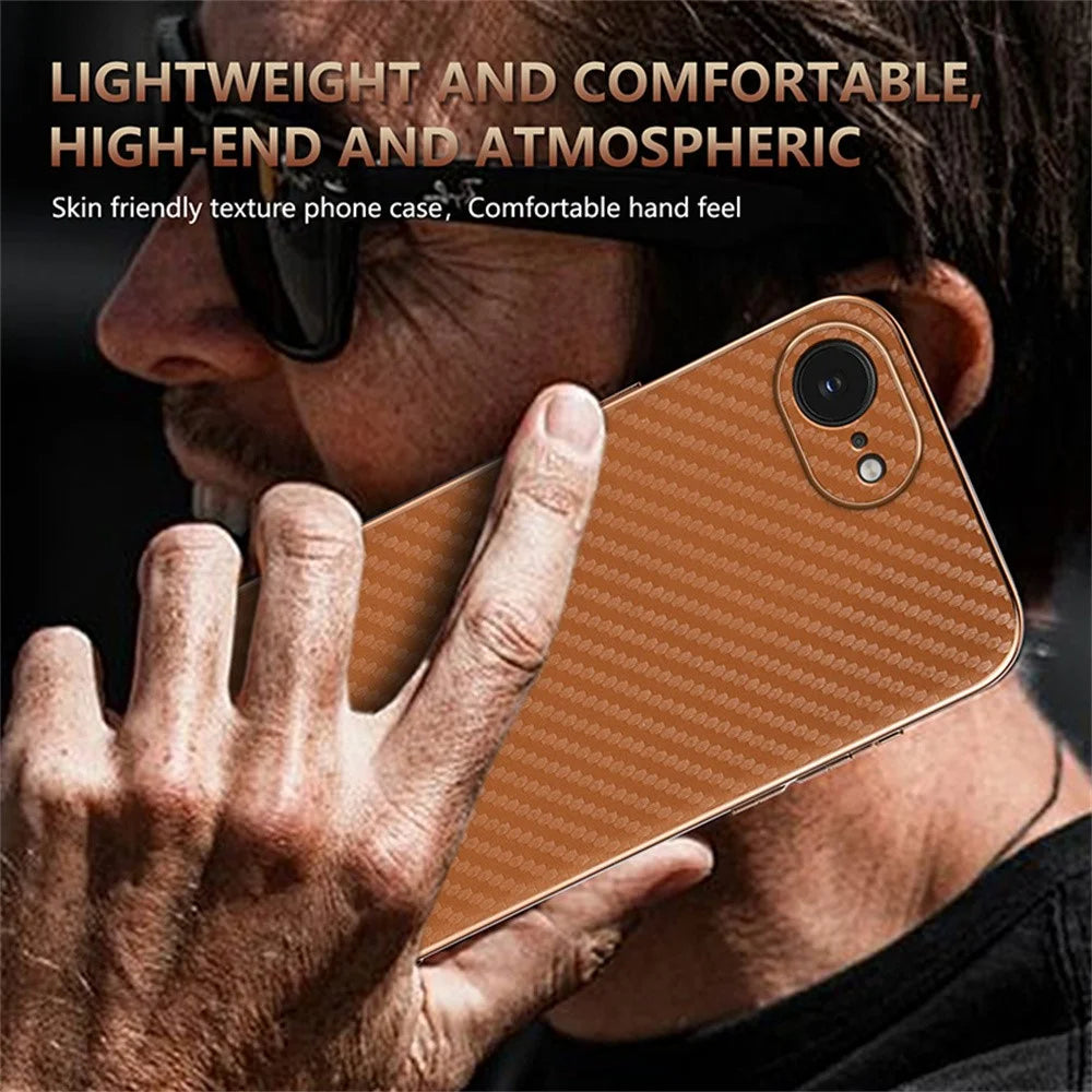 AZNS For iPhone 17e / 16e Case Electroplating Carbon Fiber Texture PU + TPU Phone Cover - Brown - 6