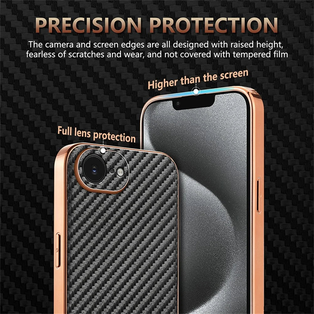 AZNS For iPhone 17e / 16e Case Electroplating Carbon Fiber Texture PU + TPU Phone Cover - Brown - 7