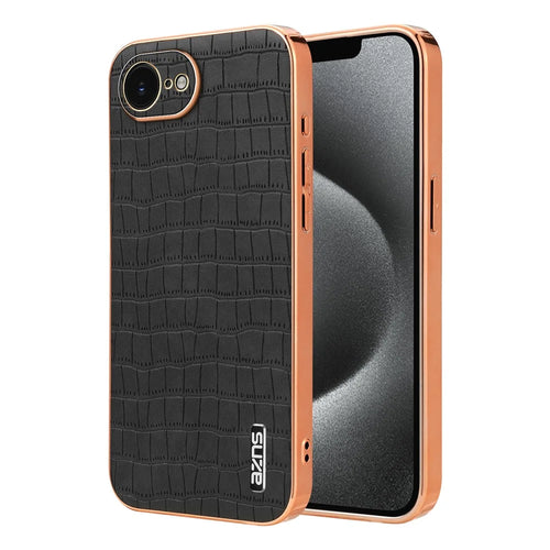 AZNS For iPhone 17e / 16e Case Electroplating Crocodile Texture PU + TPU Phone Cover - Black - 1