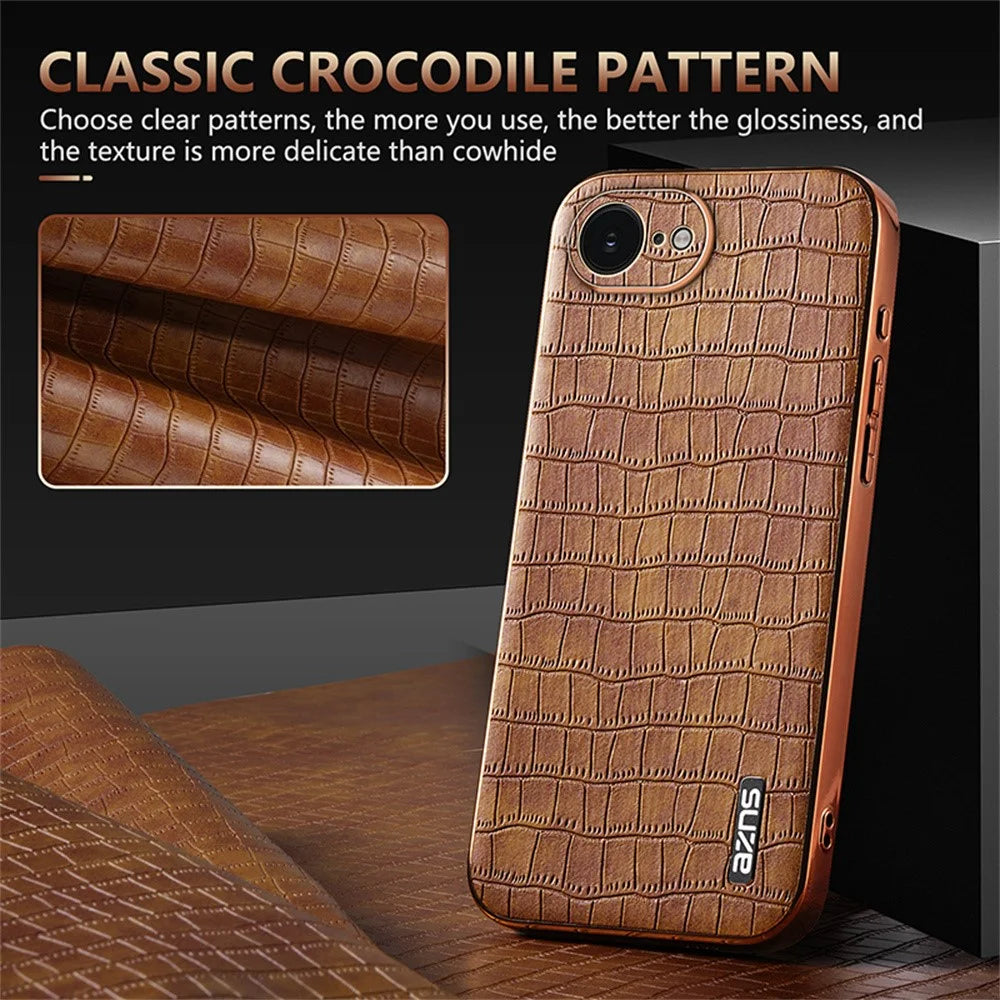AZNS For iPhone 17e / 16e Case Electroplating Crocodile Texture PU + TPU Phone Cover - Black - 5