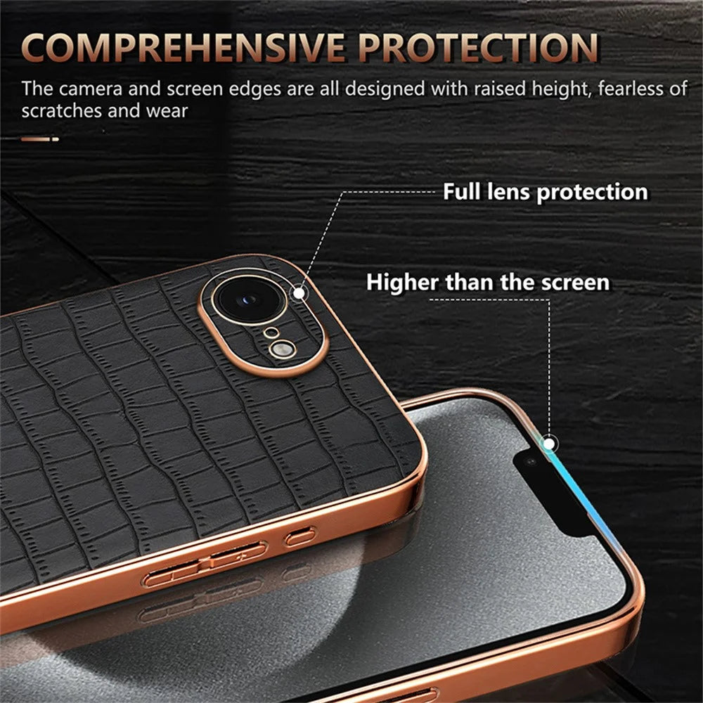 AZNS For iPhone 17e / 16e Case Electroplating Crocodile Texture PU + TPU Phone Cover - Black - 6