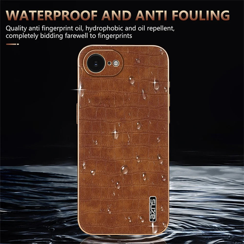 AZNS For iPhone 17e / 16e Case Electroplating Crocodile Texture PU + TPU Phone Cover - Black - 7