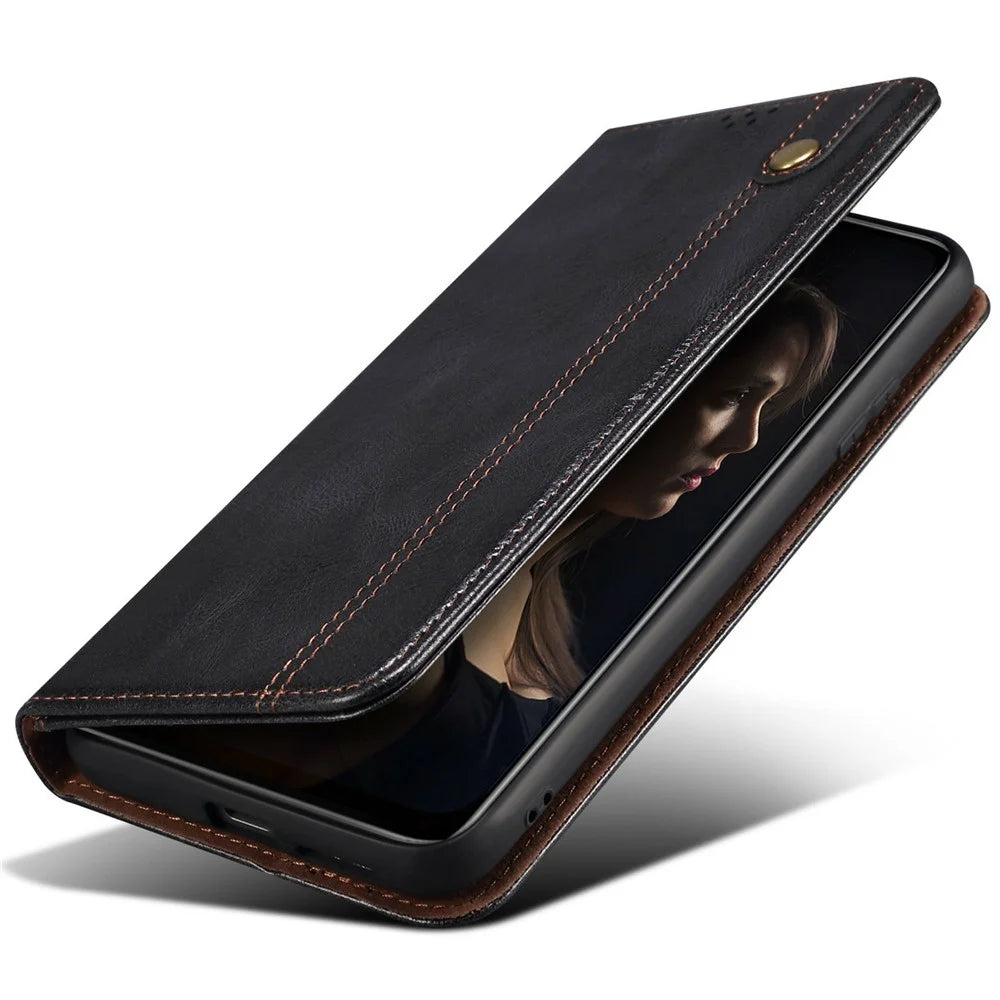 For Samsung Galaxy M06 5G / F06 5G Case Crazy Horse Texture Waxy Leather Wallet Stand Phone Cover - Black - 5