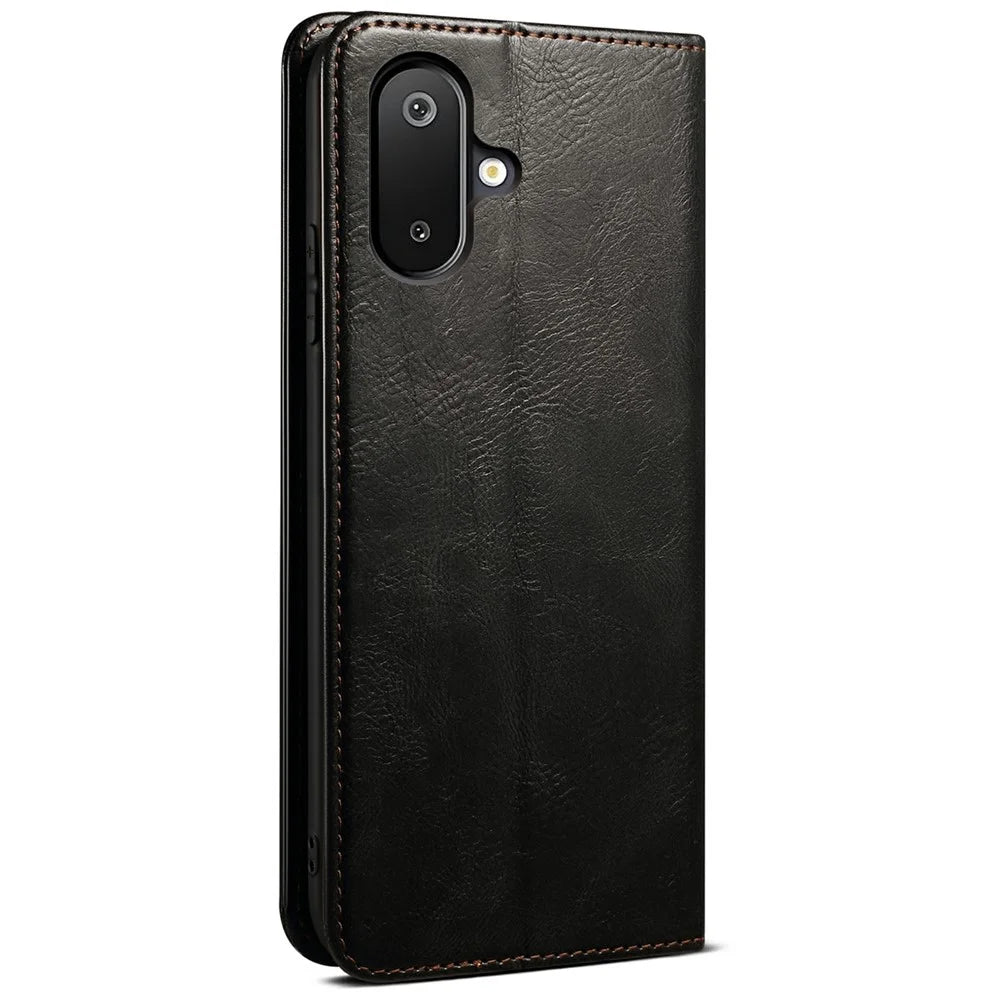 For Samsung Galaxy M06 5G / F06 5G Case Crazy Horse Texture Waxy Leather Wallet Stand Phone Cover - Black - 7
