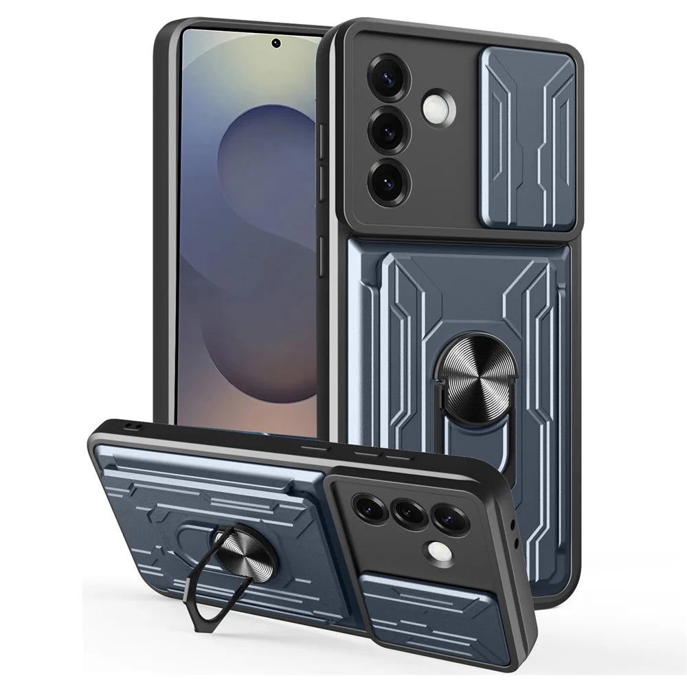 For Samsung Galaxy S25 Case PC + TPU Kickstand Phone Back Cover with Camera Slider - Titanium Grey - 1