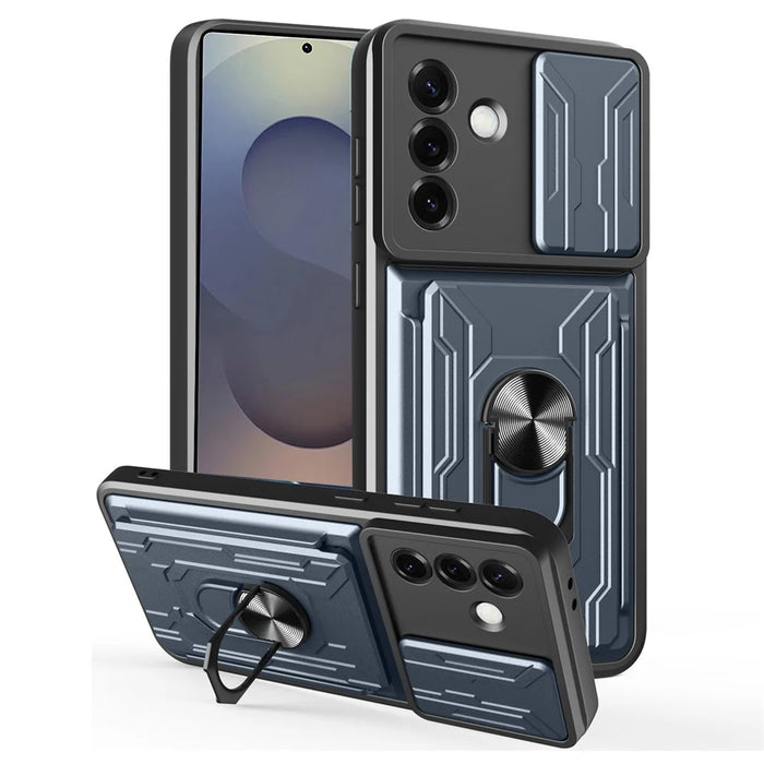 For Samsung Galaxy S25 Case PC + TPU Kickstand Phone Back Cover with Camera Slider - Titanium Grey - 1