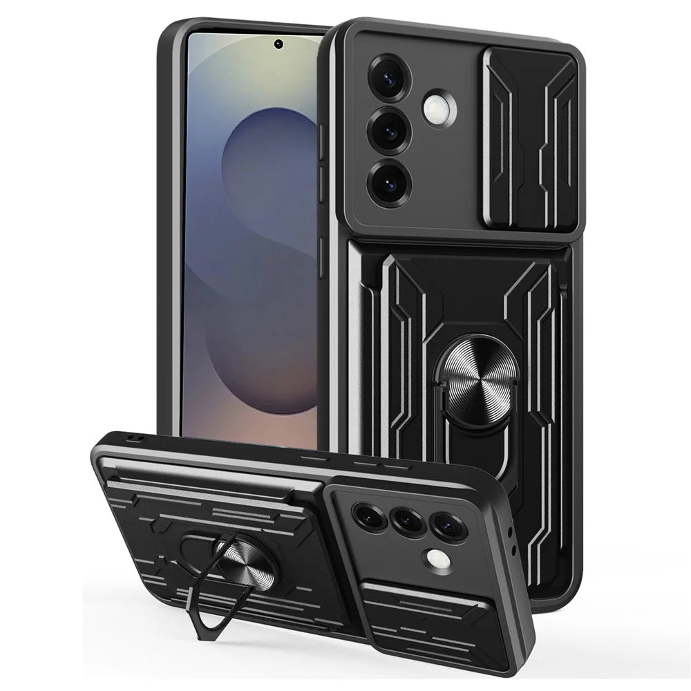 For Samsung Galaxy S25+ Case PC + TPU Kickstand Phone Back Cover with Camera Slider - Black - 1