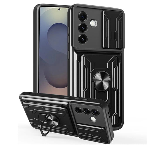 For Samsung Galaxy S25+ Case PC + TPU Kickstand Phone Back Cover with Camera Slider - Black - 1