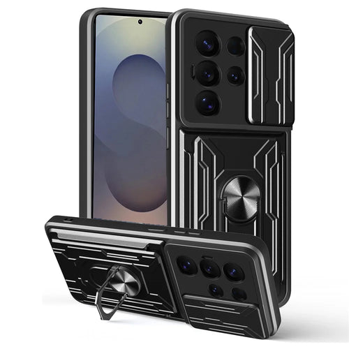 For Samsung Galaxy S25 Ultra Case PC + TPU Kickstand Phone Back Cover with Camera Slider - Black - 1
