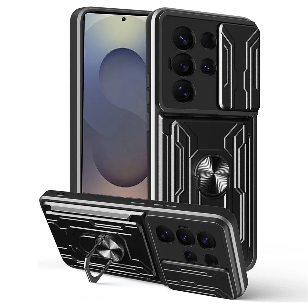 For Samsung Galaxy S25 Ultra Case PC + TPU Kickstand Phone Back Cover with Camera Slider - Black - 1