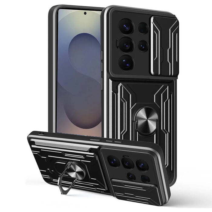 For Samsung Galaxy S25 Ultra Case PC + TPU Kickstand Phone Back Cover with Camera Slider - Black - 1