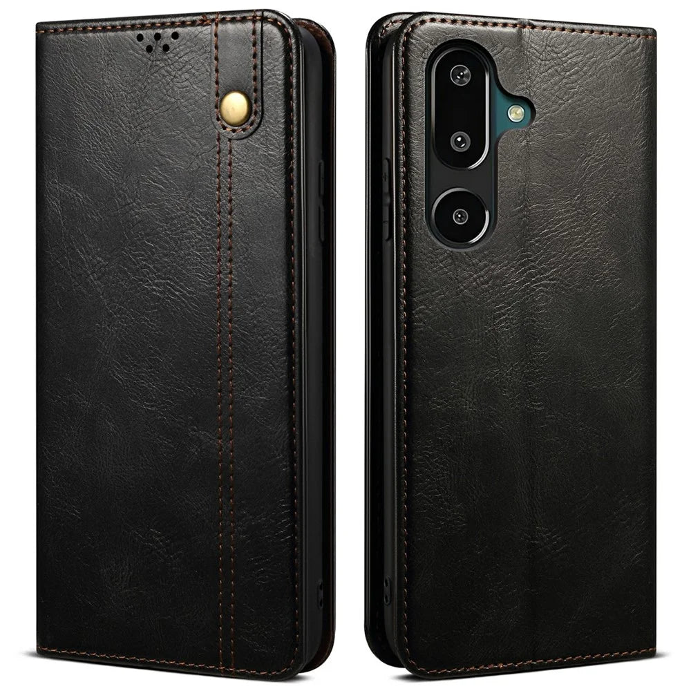 For Samsung Galaxy M16 5G / F16 5G Case Crazy Horse Texture Waxy Leather Wallet Stand Phone Cover - Black - 1