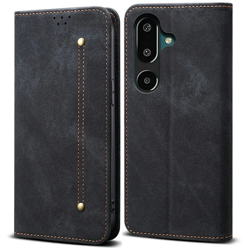 For Samsung Galaxy M16 5G / F16 5G Case Jeans Cloth Texture Anti-Scratch Leather Stand Phone Cover - Black - 1