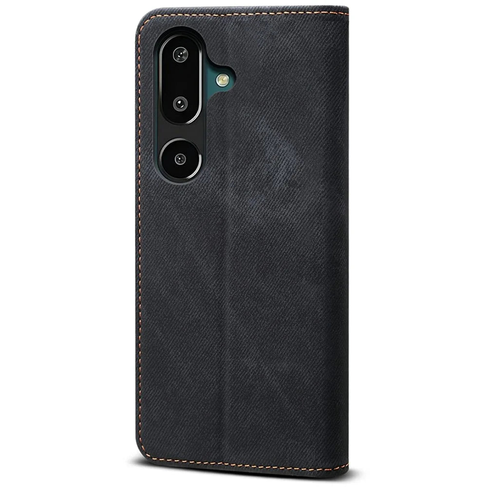 For Samsung Galaxy M16 5G / F16 5G Case Jeans Cloth Texture Anti-Scratch Leather Stand Phone Cover - Black - 6