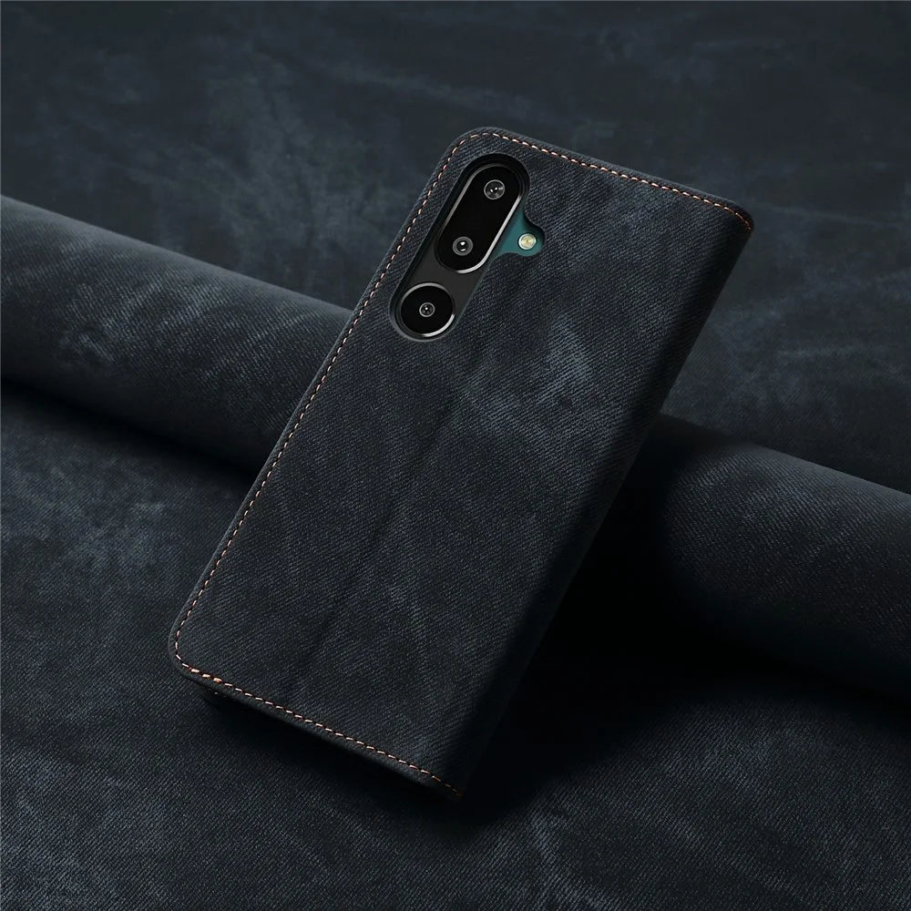 For Samsung Galaxy M16 5G / F16 5G Case Jeans Cloth Texture Anti-Scratch Leather Stand Phone Cover - Black - 7