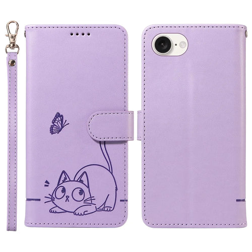 For iPhone 17e / 16e Wallet Case Cat Pattern Imprint Leather Phone Cover with Wrist Strap - Light Purple - 1