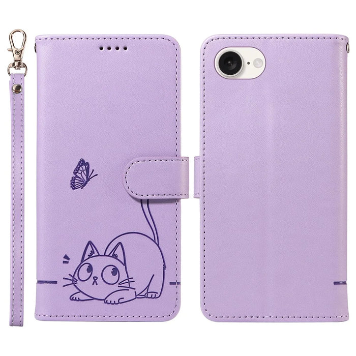 For iPhone 17e / 16e Wallet Case Cat Pattern Imprint Leather Phone Cover with Wrist Strap - Light Purple - 1