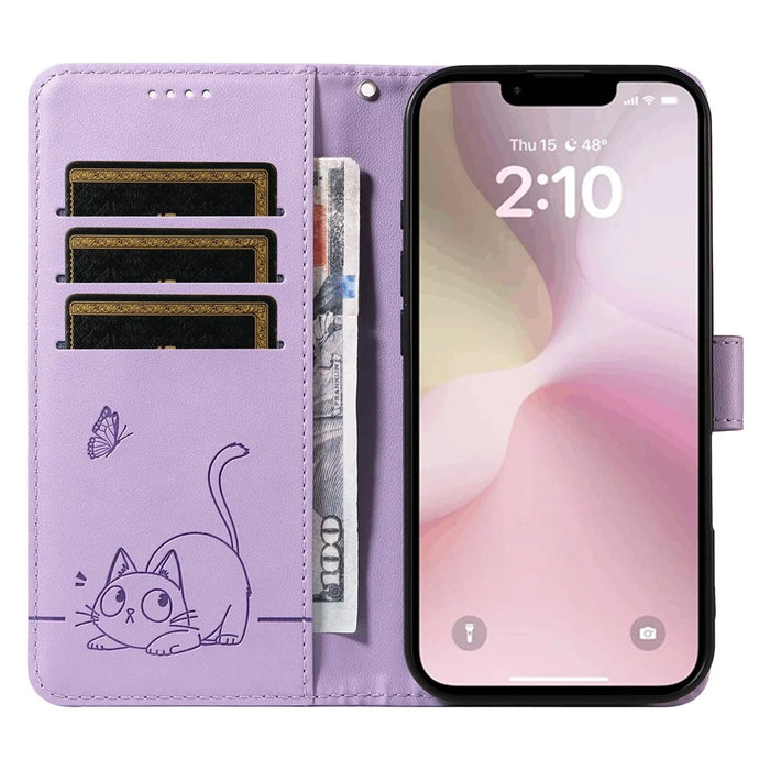 For iPhone 17e / 16e Wallet Case Cat Pattern Imprint Leather Phone Cover with Wrist Strap - Light Purple - 2