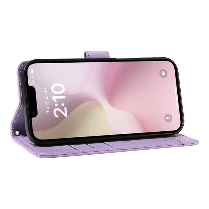 For iPhone 17e / 16e Wallet Case Cat Pattern Imprint Leather Phone Cover with Wrist Strap - Light Purple - 3