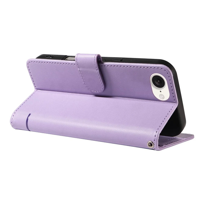 For iPhone 17e / 16e Wallet Case Cat Pattern Imprint Leather Phone Cover with Wrist Strap - Light Purple - 4
