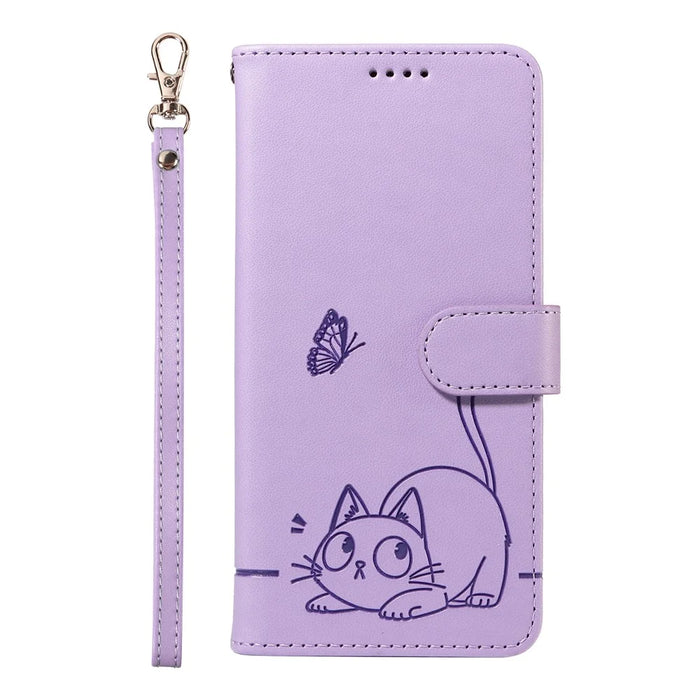 For iPhone 17e / 16e Wallet Case Cat Pattern Imprint Leather Phone Cover with Wrist Strap - Light Purple - 6