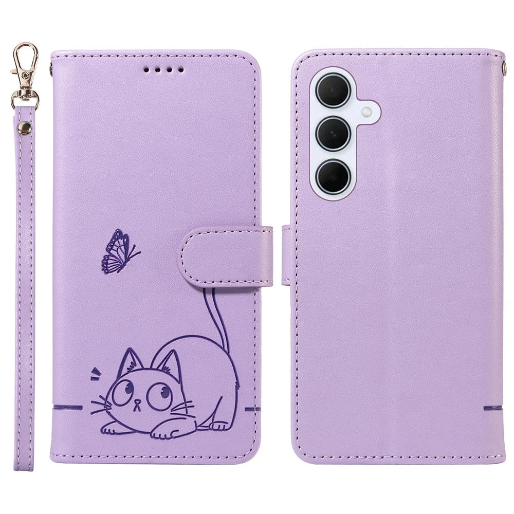 For Samsung Galaxy A55 5G Wallet Case Cat Pattern Imprint Leather Phone Cover with Wrist Strap - Light Purple - 1