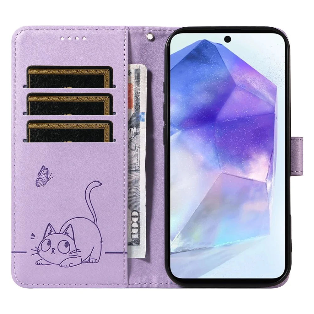 For Samsung Galaxy A55 5G Wallet Case Cat Pattern Imprint Leather Phone Cover with Wrist Strap - Light Purple - 2