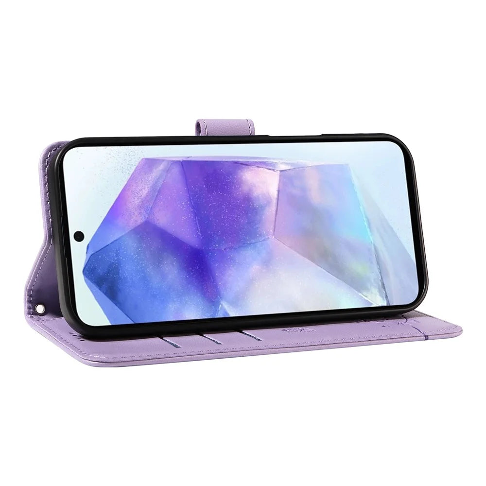 For Samsung Galaxy A55 5G Wallet Case Cat Pattern Imprint Leather Phone Cover with Wrist Strap - Light Purple - 3
