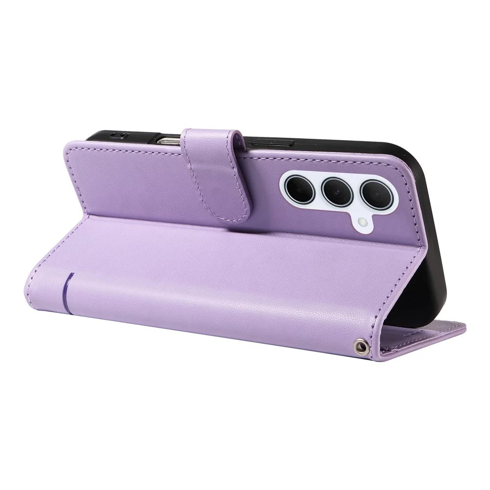 For Samsung Galaxy A55 5G Wallet Case Cat Pattern Imprint Leather Phone Cover with Wrist Strap - Light Purple - 4
