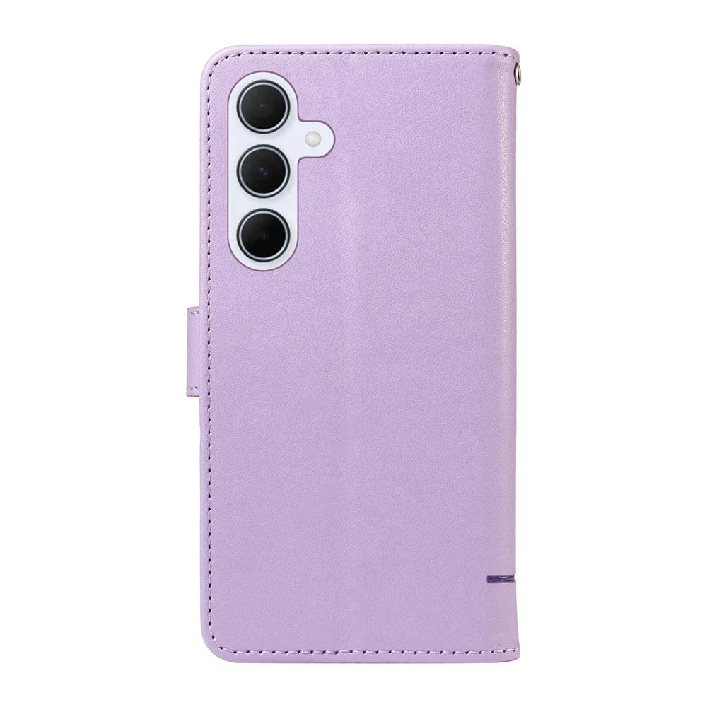 For Samsung Galaxy A55 5G Wallet Case Cat Pattern Imprint Leather Phone Cover with Wrist Strap - Light Purple - 7
