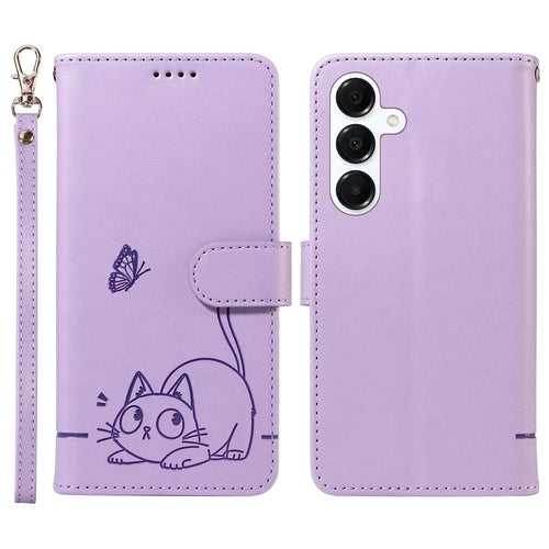 For Samsung Galaxy A18 5G / A17 5G / A17 4G / A26 5G / A16 5G / A16 4G Wallet Case Cat Pattern Imprint Leather Phone Cover with Wrist Strap - Light Purple - 1