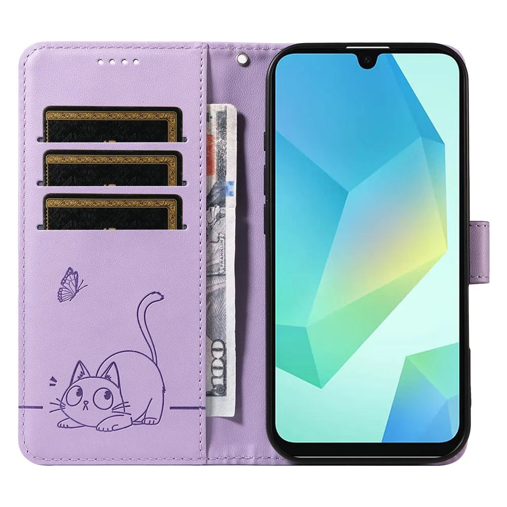 For Samsung Galaxy A18 5G / A17 5G / A17 4G / A26 5G / A16 5G / A16 4G Wallet Case Cat Pattern Imprint Leather Phone Cover with Wrist Strap - Light Purple - 2