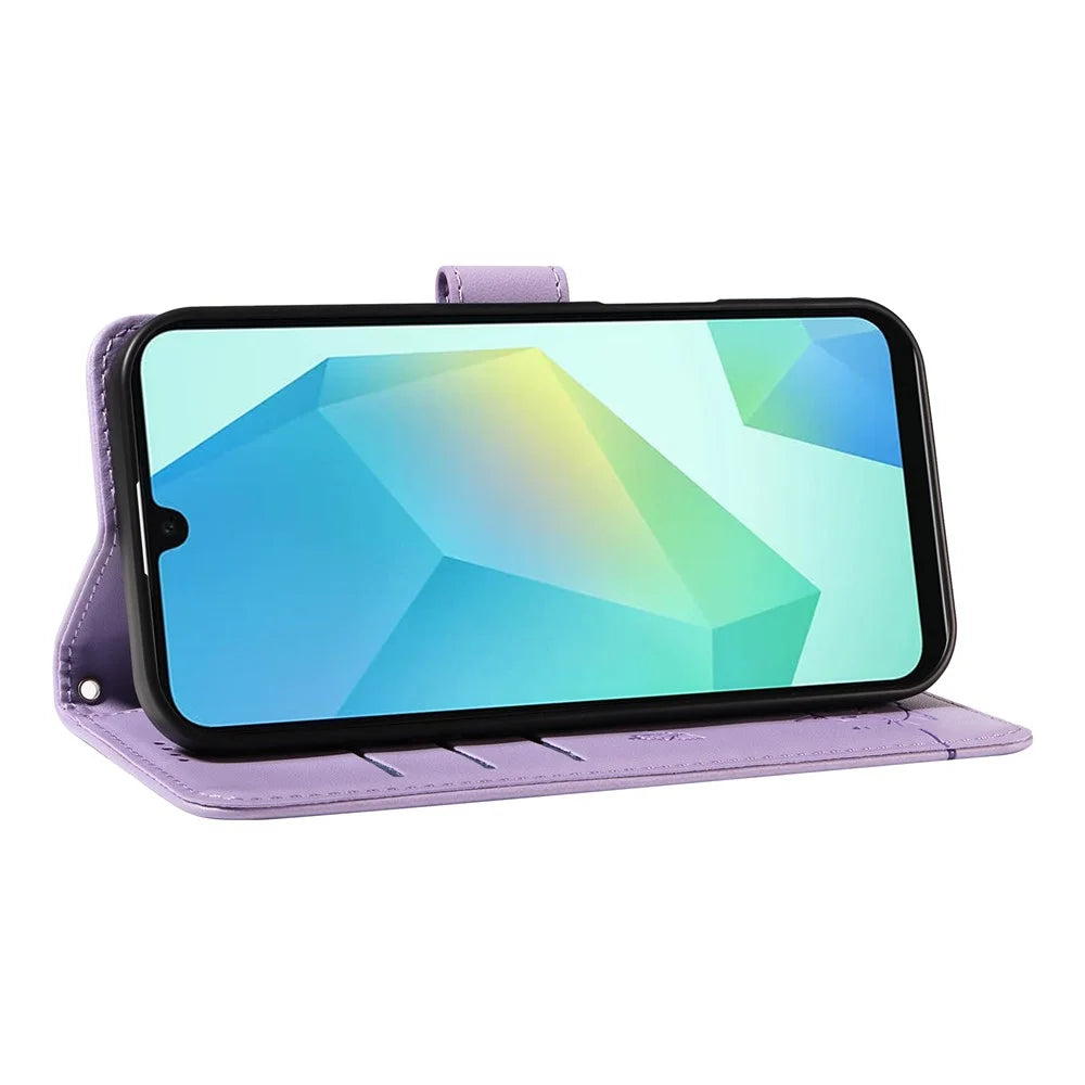 For Samsung Galaxy A18 5G / A17 5G / A17 4G / A26 5G / A16 5G / A16 4G Wallet Case Cat Pattern Imprint Leather Phone Cover with Wrist Strap - Light Purple - 3