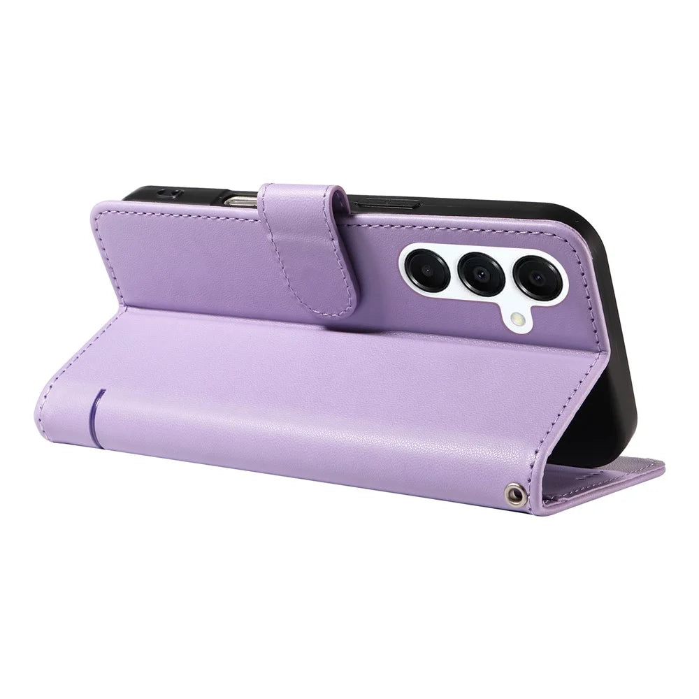 For Samsung Galaxy A18 5G / A17 5G / A17 4G / A26 5G / A16 5G / A16 4G Wallet Case Cat Pattern Imprint Leather Phone Cover with Wrist Strap - Light Purple - 4