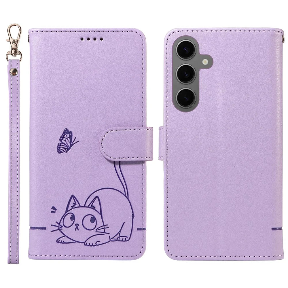 For Samsung Galaxy S25 / S24 Wallet Case Cat Pattern Imprint Leather Phone Cover with Wrist Strap - Light Purple - 1