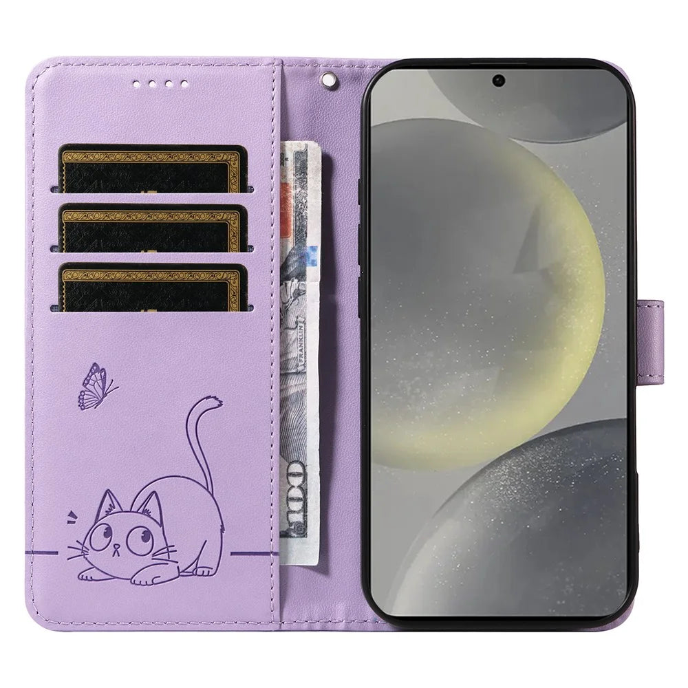 For Samsung Galaxy S25 / S24 Wallet Case Cat Pattern Imprint Leather Phone Cover with Wrist Strap - Light Purple - 2